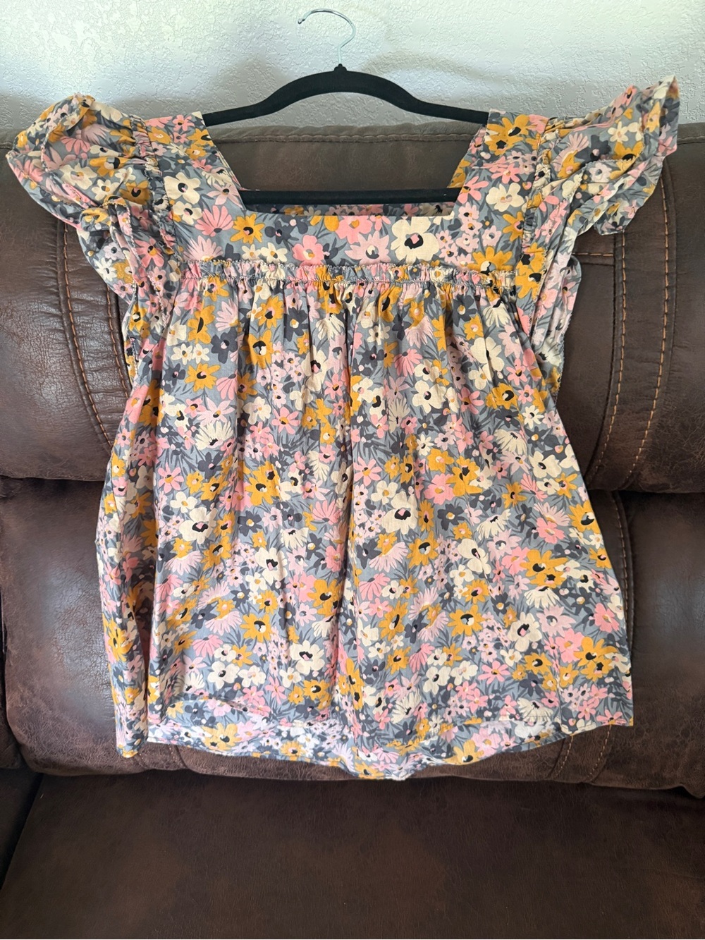 Olivaceous Girls Floral Flutter Sleeve Top - Pink, Yellow & Gray